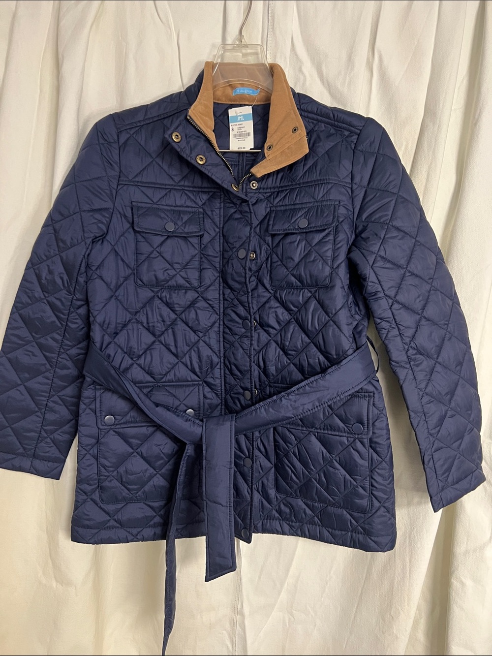 J. McLaughlin Small Quilted Belted Slayton Jacket in Navy with Contrast Collar